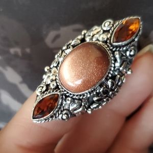 New Sunstone Sun Sitara and Smoky Topaz 925 Silver Statement Ring.
